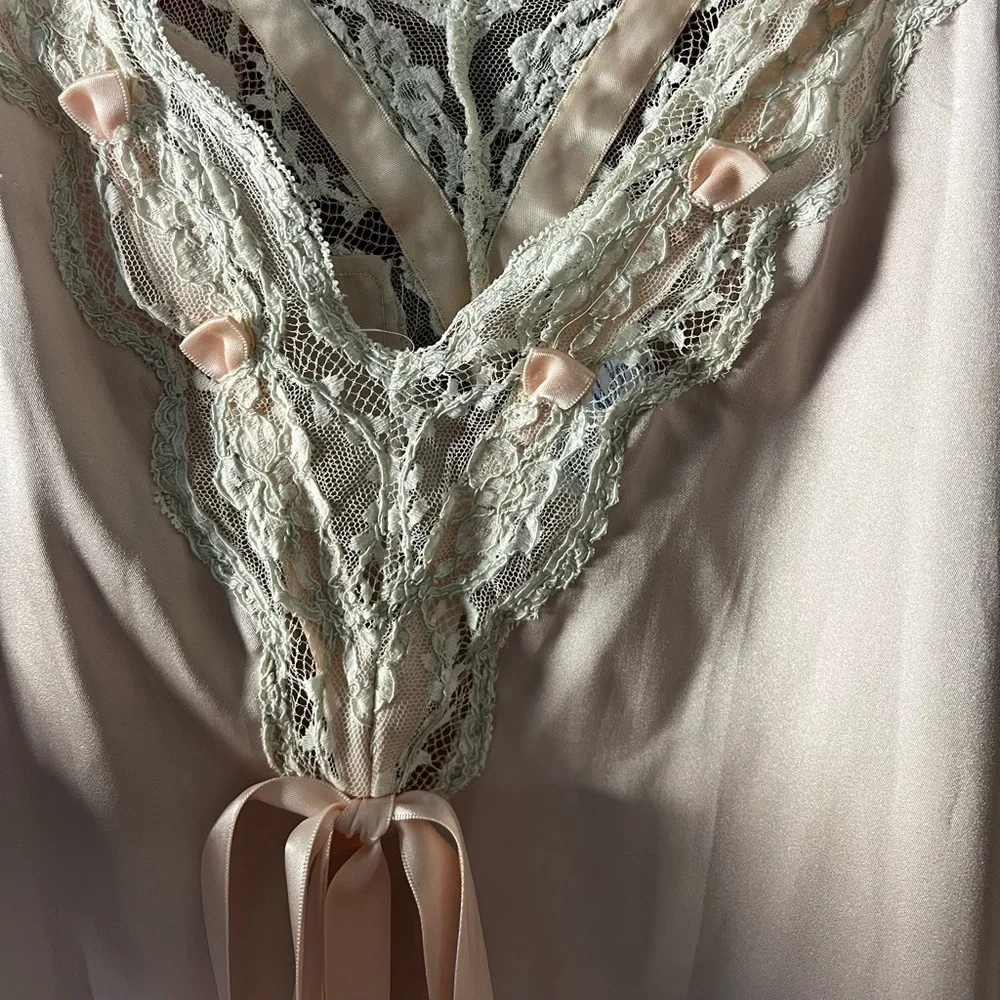 Vintage Alice Maloof Satin Nightgown Slip Dress – Pink Lace Trim Lingerie Medium - Picture 6 of 11